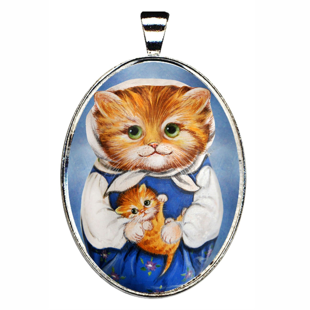Mother Cat Silver Plated Mother of Pearl Jewelry Pendant Necklace - 44039O