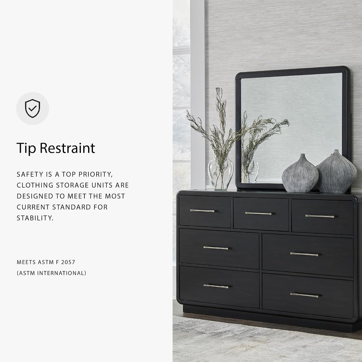 Signature Design by Ashley Rowanbeck Contemporary 7-Drawer Dresser and Mirror with Felt Lined Top, Black