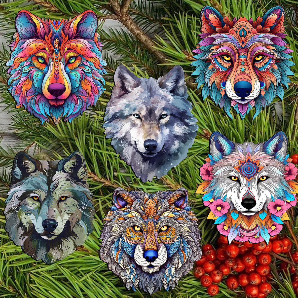 Enigmatic Wolves Clip-On Eco Wood Decorative Ornaments Set of 6 by G. Debrekht - Wildlife Decor - 8090113C-S6