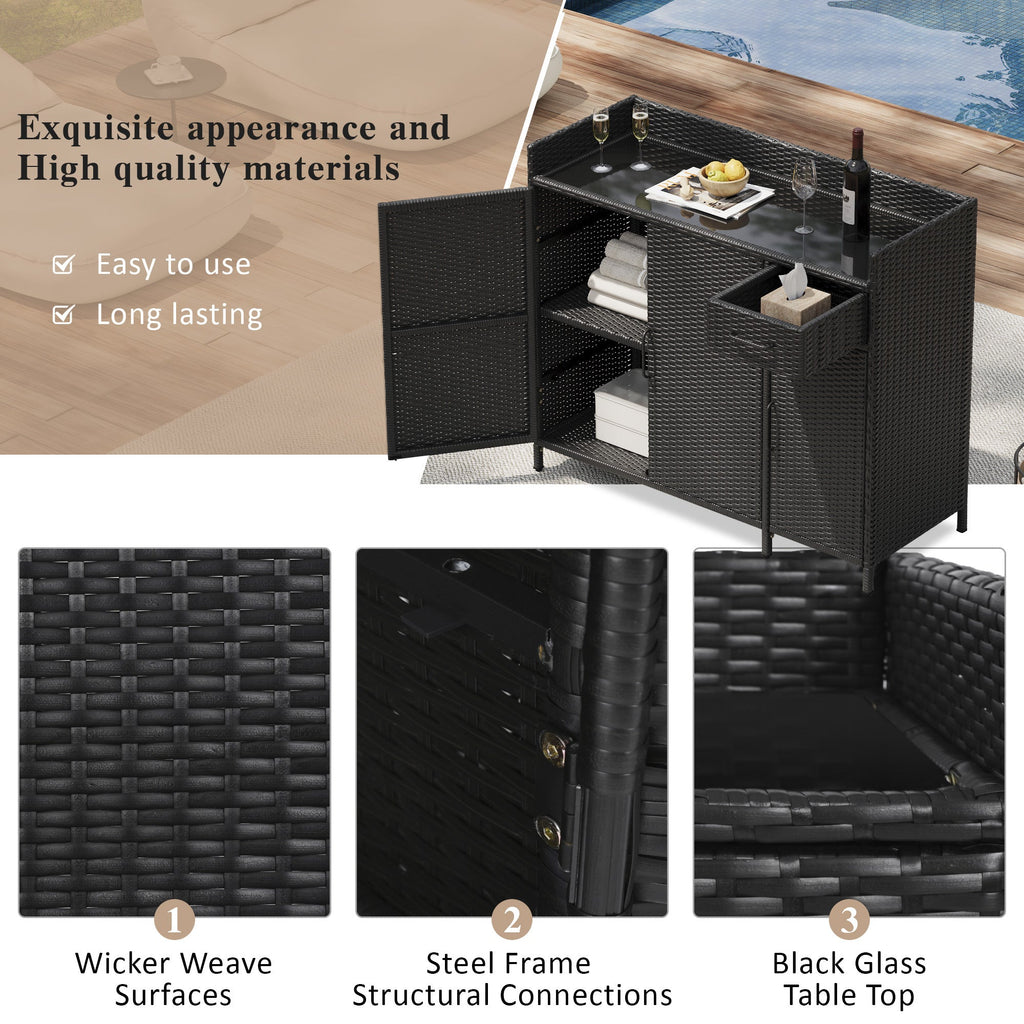 K&K 47.5"W Wicker Outdoor Storage Cabinet with Tempered Glass Top