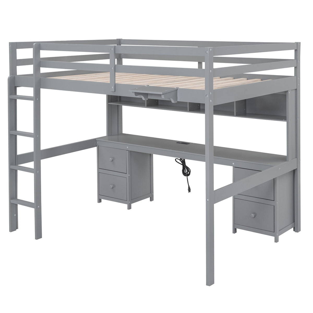Loft Bed With Desk, Cabinets, Drawers, Charging Station And Bedside Tray