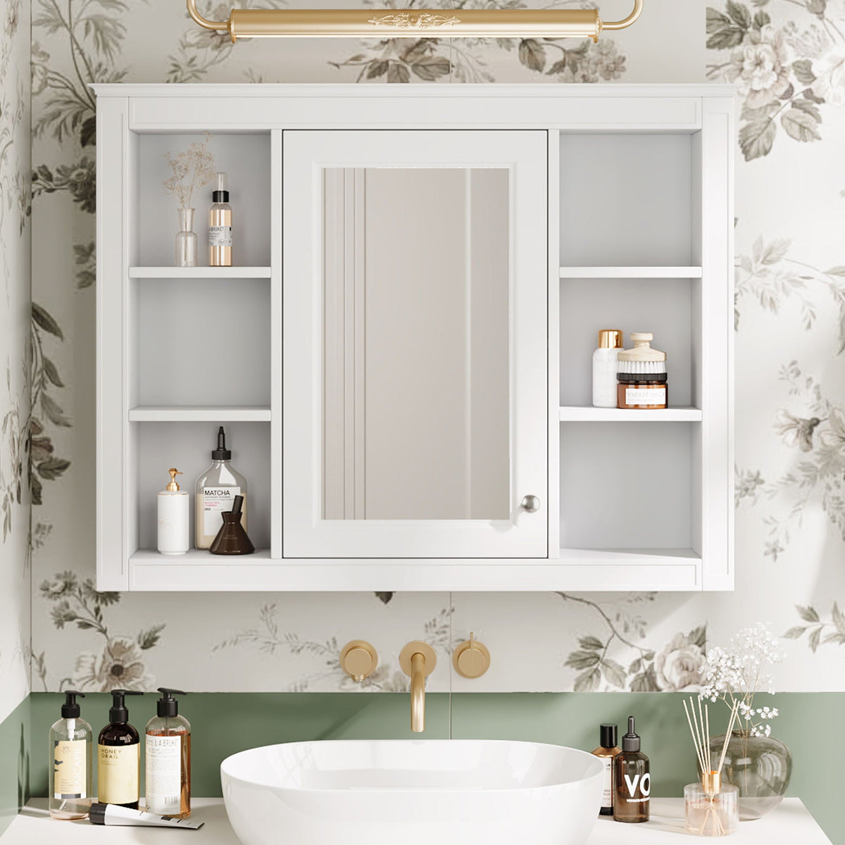 Wall Mounted Medicine Cabinet With Mirror, Storage Cabinet Featuring 6 Open Shelves And Adjustable Interior