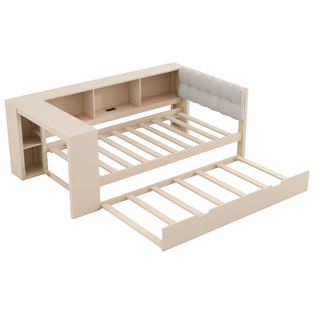 Upholstered Headboard Platform Bed with Storage Shelves, Trundle, and Charging Station