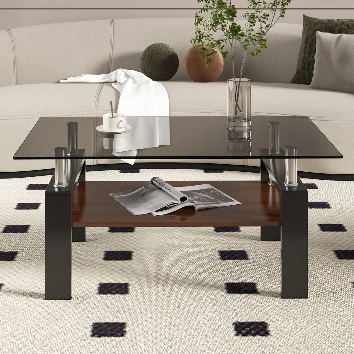 Modern Rectangular Coffee Table With Tempered Transparent Glass Top And Storage Shelf