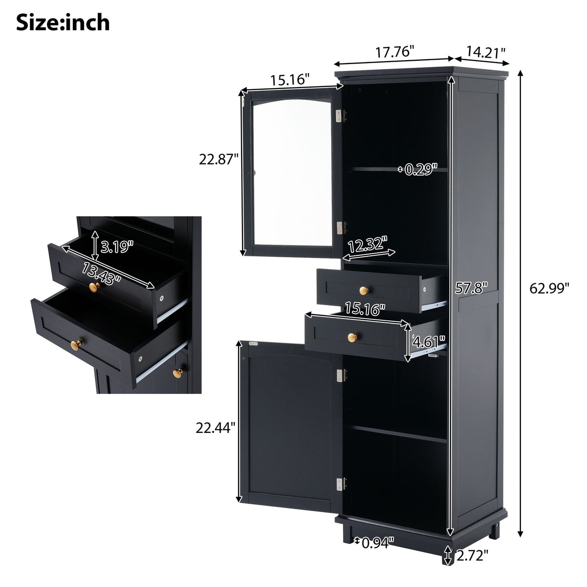 Tall Bathroom Storage Cabinet With Glass Doors, Free-Standing, Two Drawers, And Adjustable Shelves, Board, Painted Perfect For Displaying Your Favorite Items