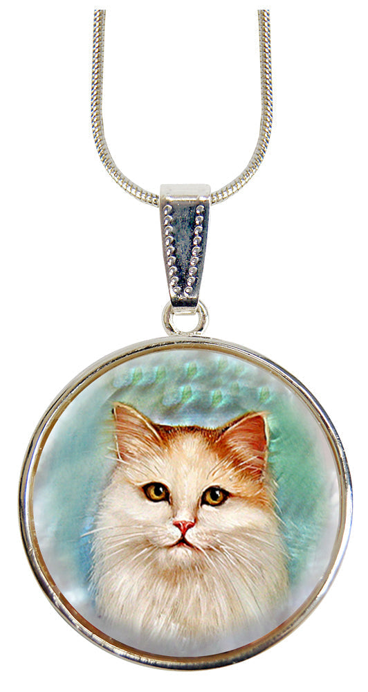 Tabby Cat Silver Plated Mother of Pearl Jewelry Pendant Necklace - 44015