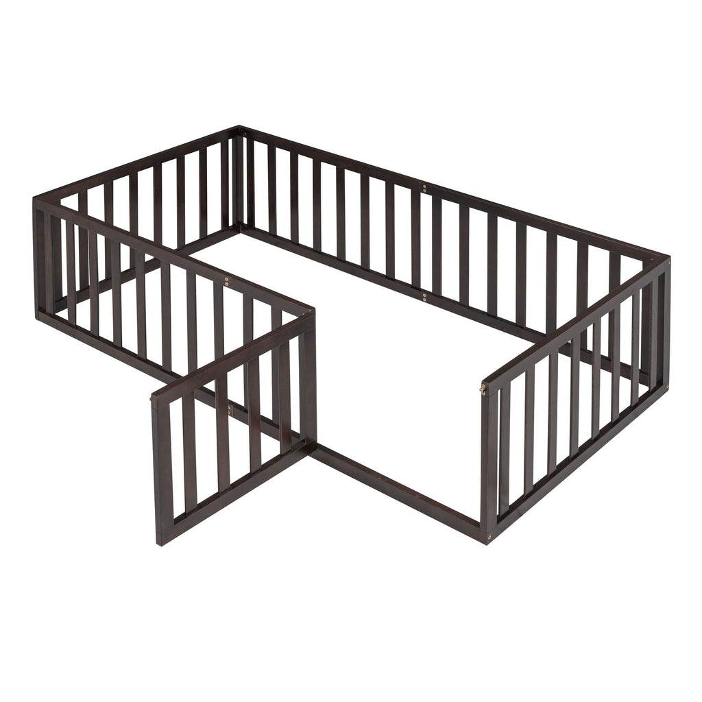 Twin Size Floor Bed Frame With Fence And Door - Walnut