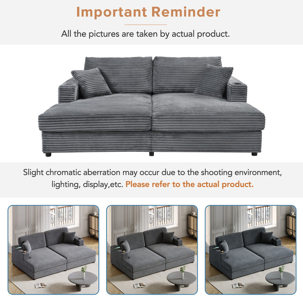 Oversized Loveseat Chaise With 2 USB Ports, 2 Cup Holders And 2 Throw Pillows