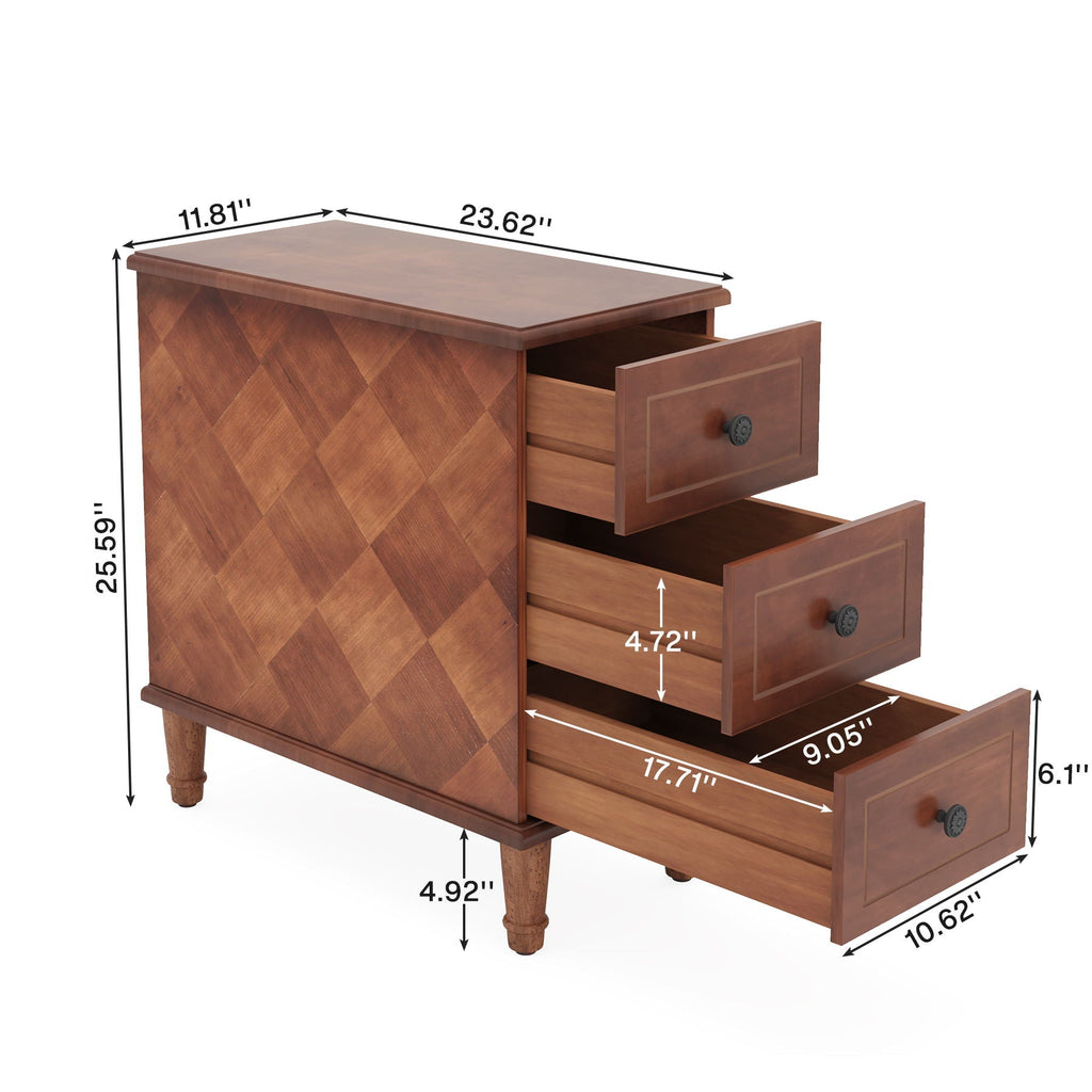 Narrow End Table With 3 Drawers, Compact Design For Small Spaces - Brown