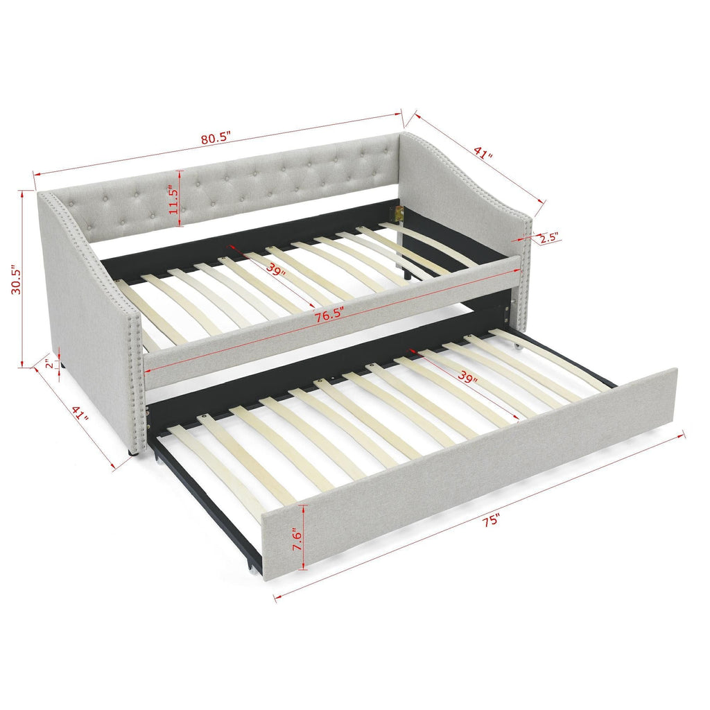 Upholstered Tufted Daybed With Drawers, Waved Arms