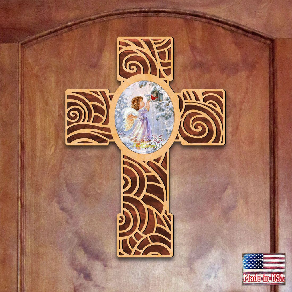 Red Robin Girl Angel Modern Wooden Cross by D. Gelsinger - Inspirational Icon Decor - 88285-DG
