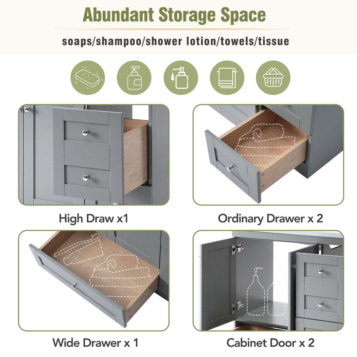 Shaker Free Standing Bathroom Vanity Cabinet With Sink, Soft Close Drawers, Soft Close Doors