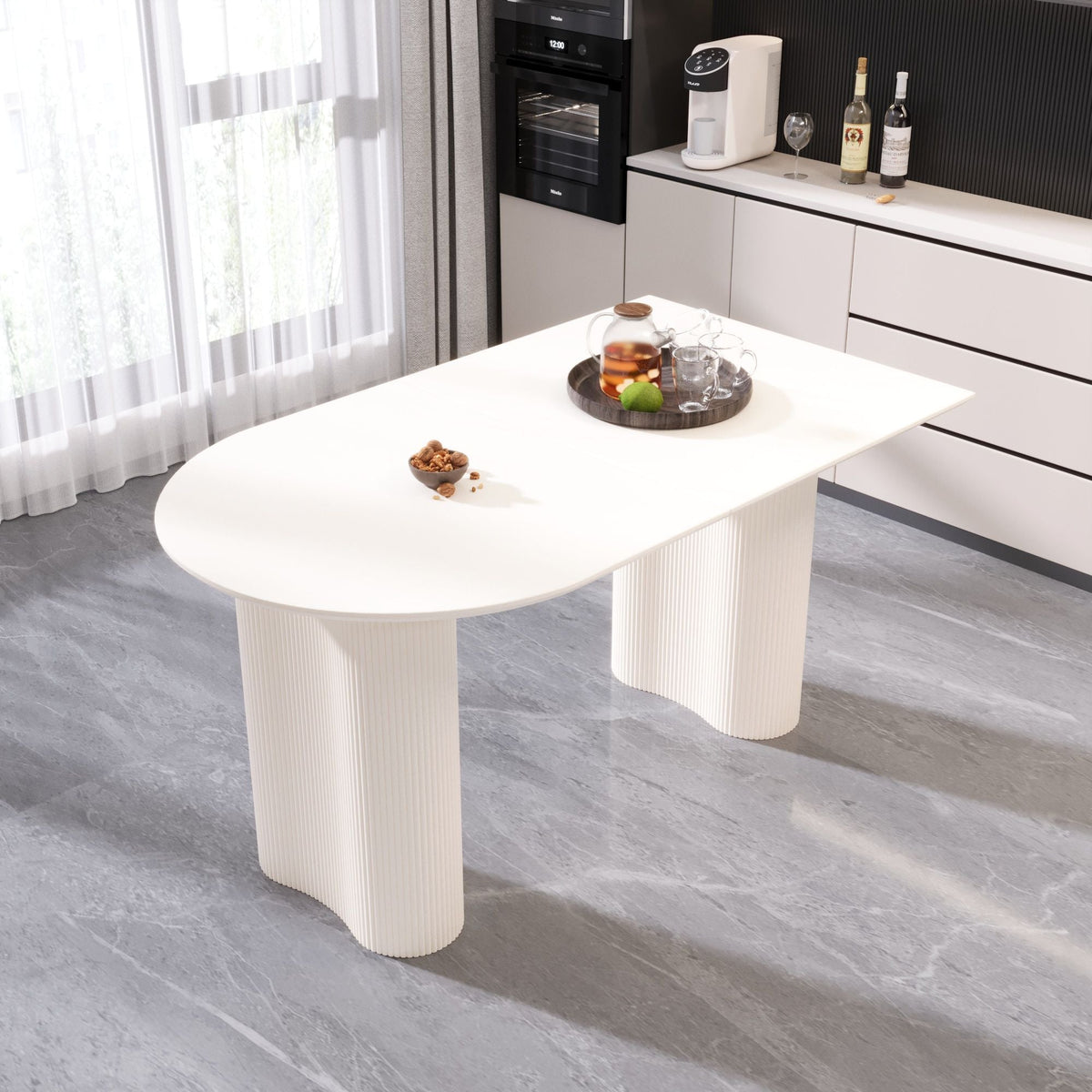 Modern Cream Style Dining Table With Round Wave Legs, 4 - 8 Person - Cream White