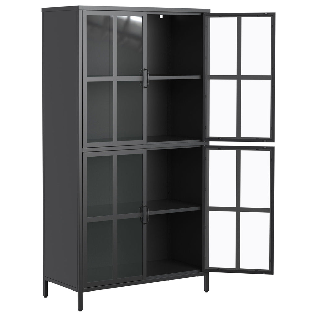 Premium Metal Storage Cabinet With Tempered Glass Doors, Adjustable Shelves, And Anti Tipping Device - Black