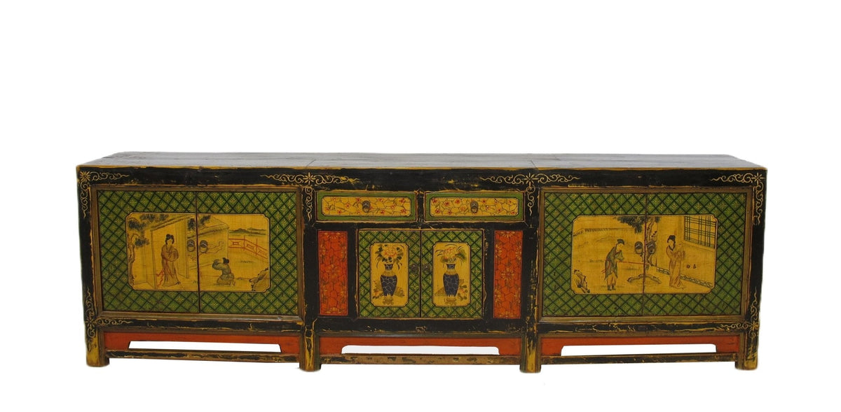 9 Feet Long Hand Painted Antique Asian Sideboard