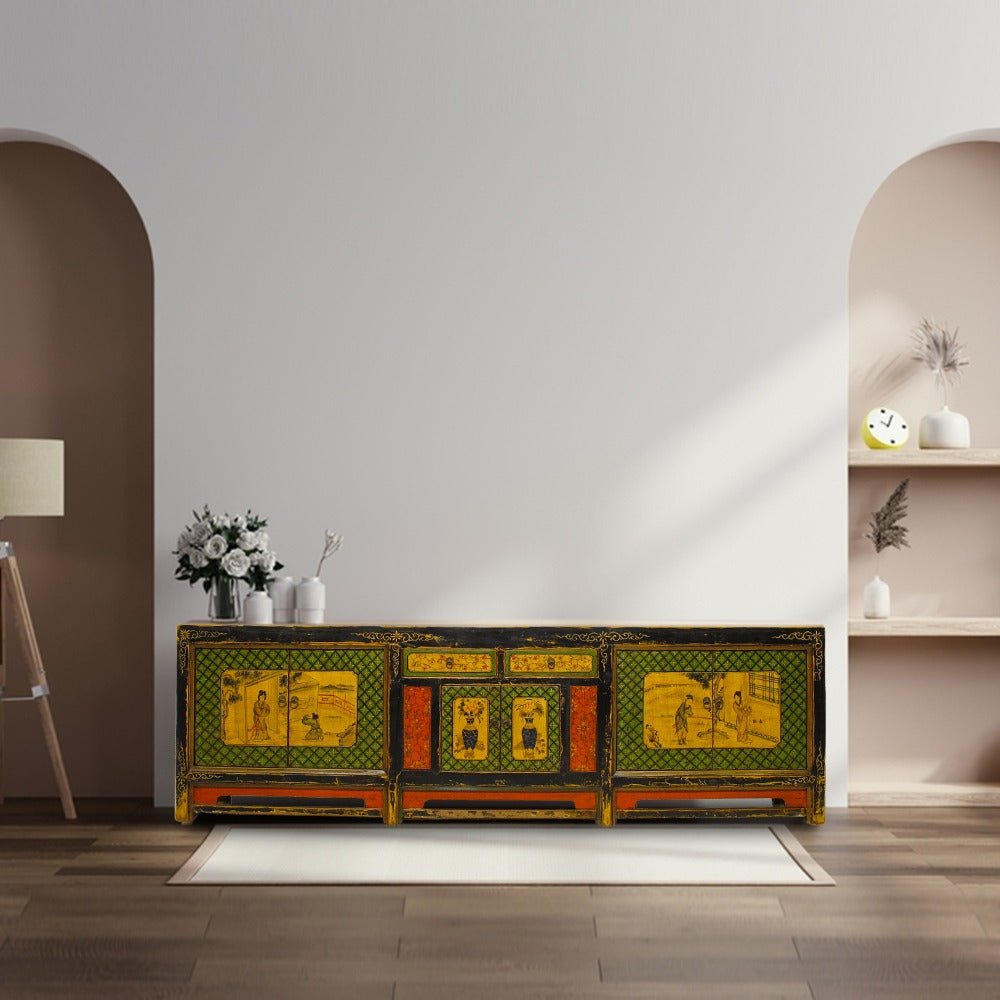 9 Feet Long Hand Painted Antique Asian Sideboard