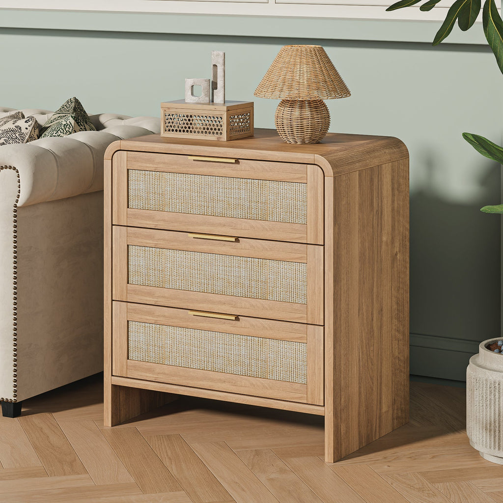 Rattan Nightstand Set of 2 with 3 Drawers in Caramel Oak