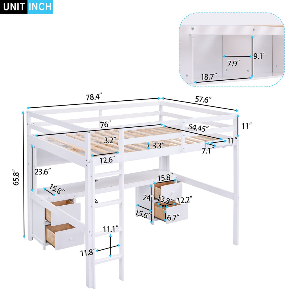 Full Size Loft Bed With Desk, Cabinets, Drawers, Charging Station And Bedside Tray, Sturdy Frame, No Box Spring Required - White