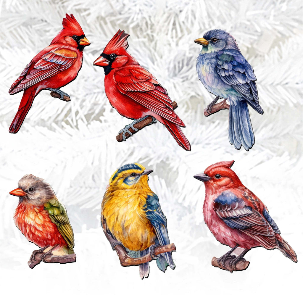 Winter Birds Clip-On Eco Wood Decorative Ornaments Set of 6 by G. Debrekht - Christmas Decor - 8090005C-S6