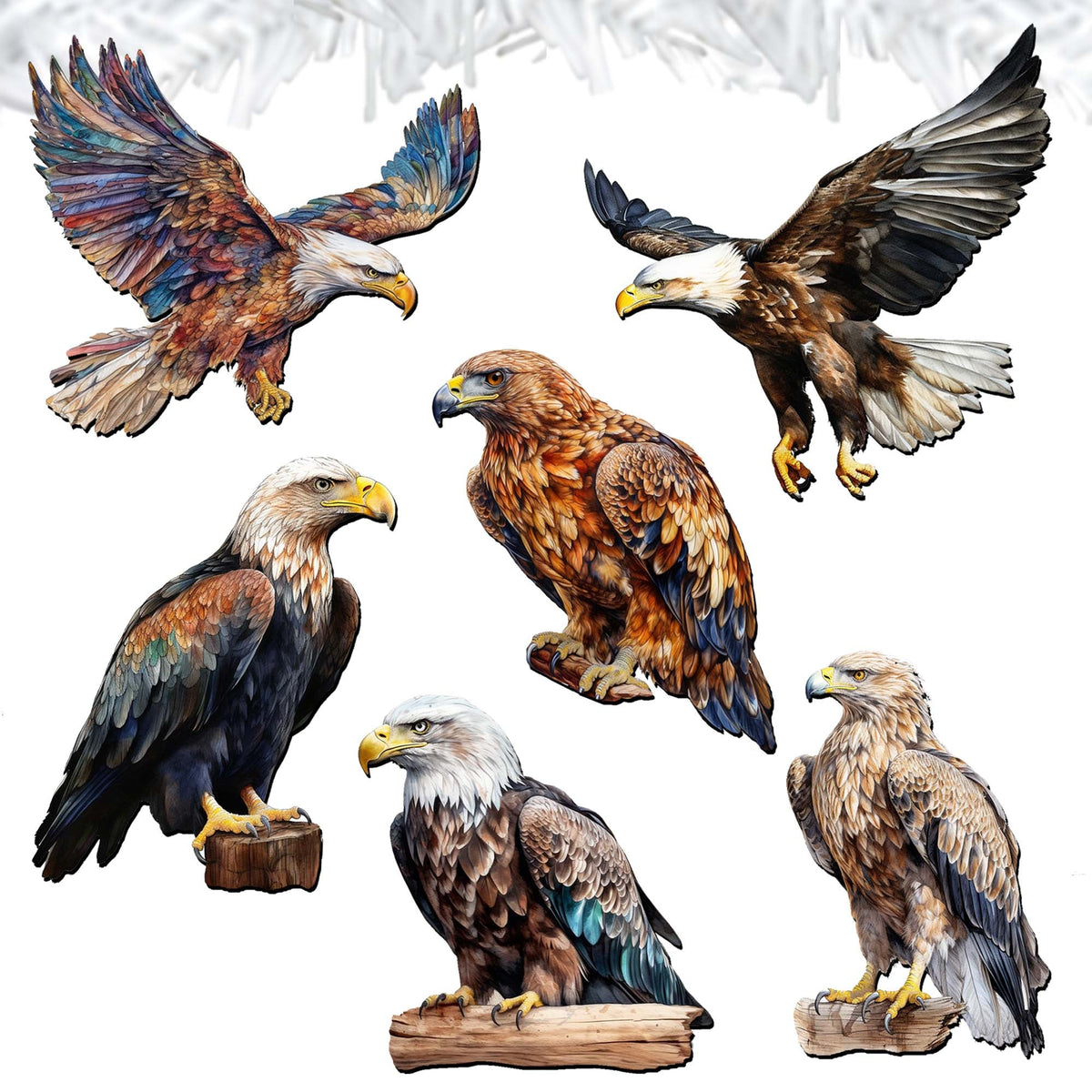 Eagle's Flight Clip-On Eco Wood Decorative Ornaments Set of 6 by G. Debrekht - Wildlife Decor - 8090101C-S6