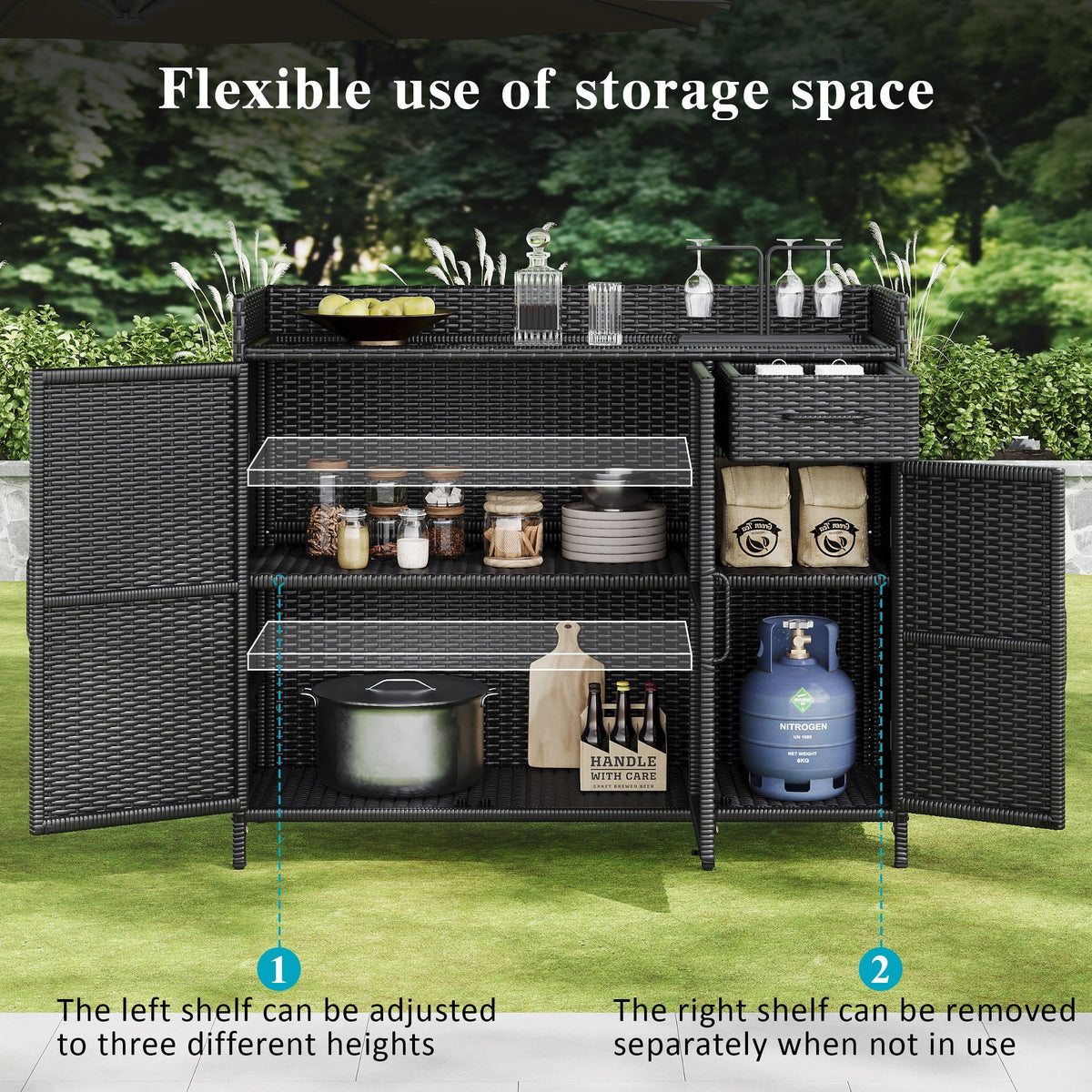 K&K 47.5"W Wicker Outdoor Storage Cabinet with Tempered Glass Top