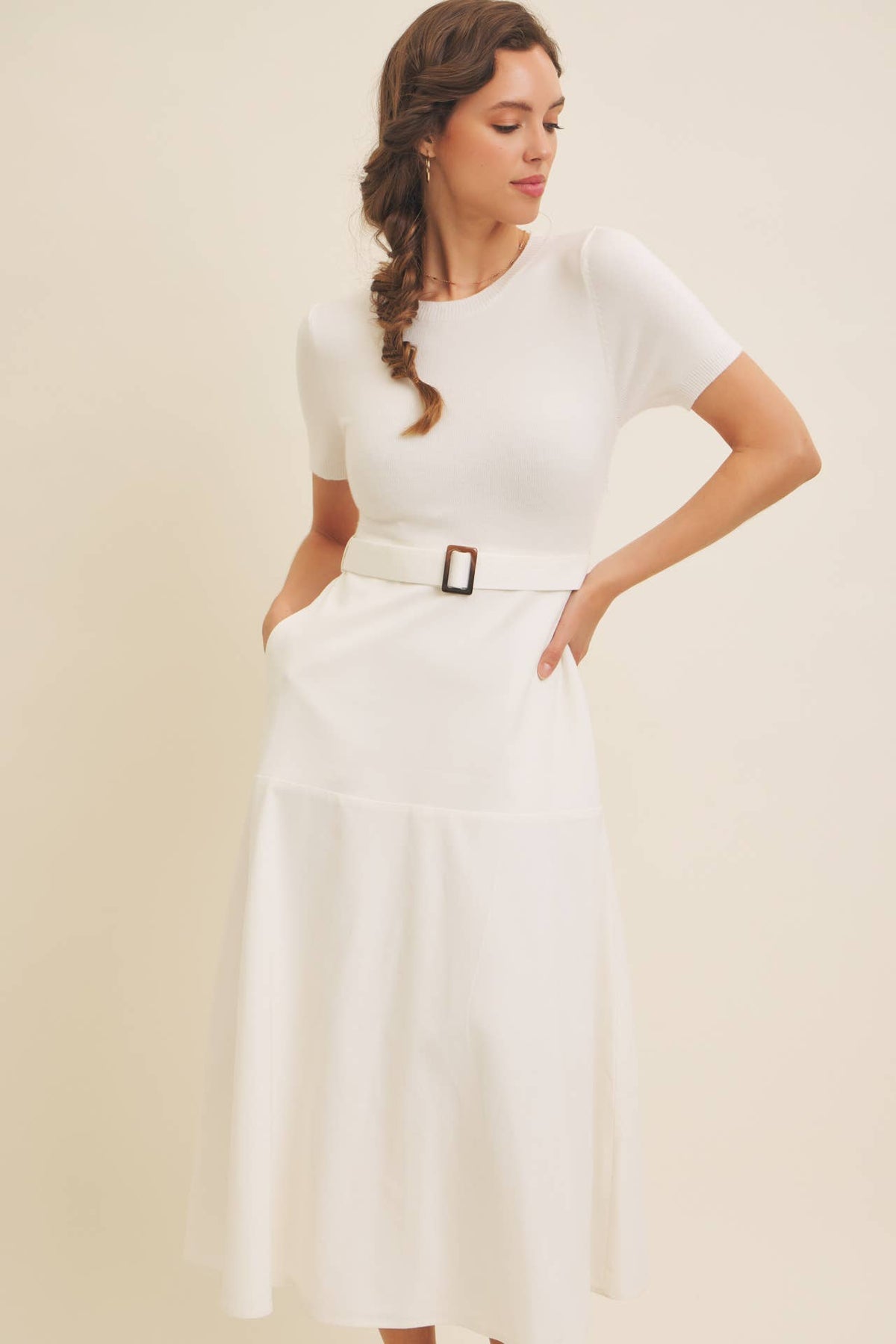 Delaney Sweater Midi Dress - White Mixed Media Dress with Belt