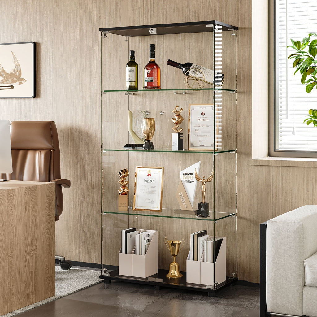 Modern Glass Display Cabinet With 4 Shelf Double Doors And Lock, Tempered Glass Bookshelf For Living Room - Black