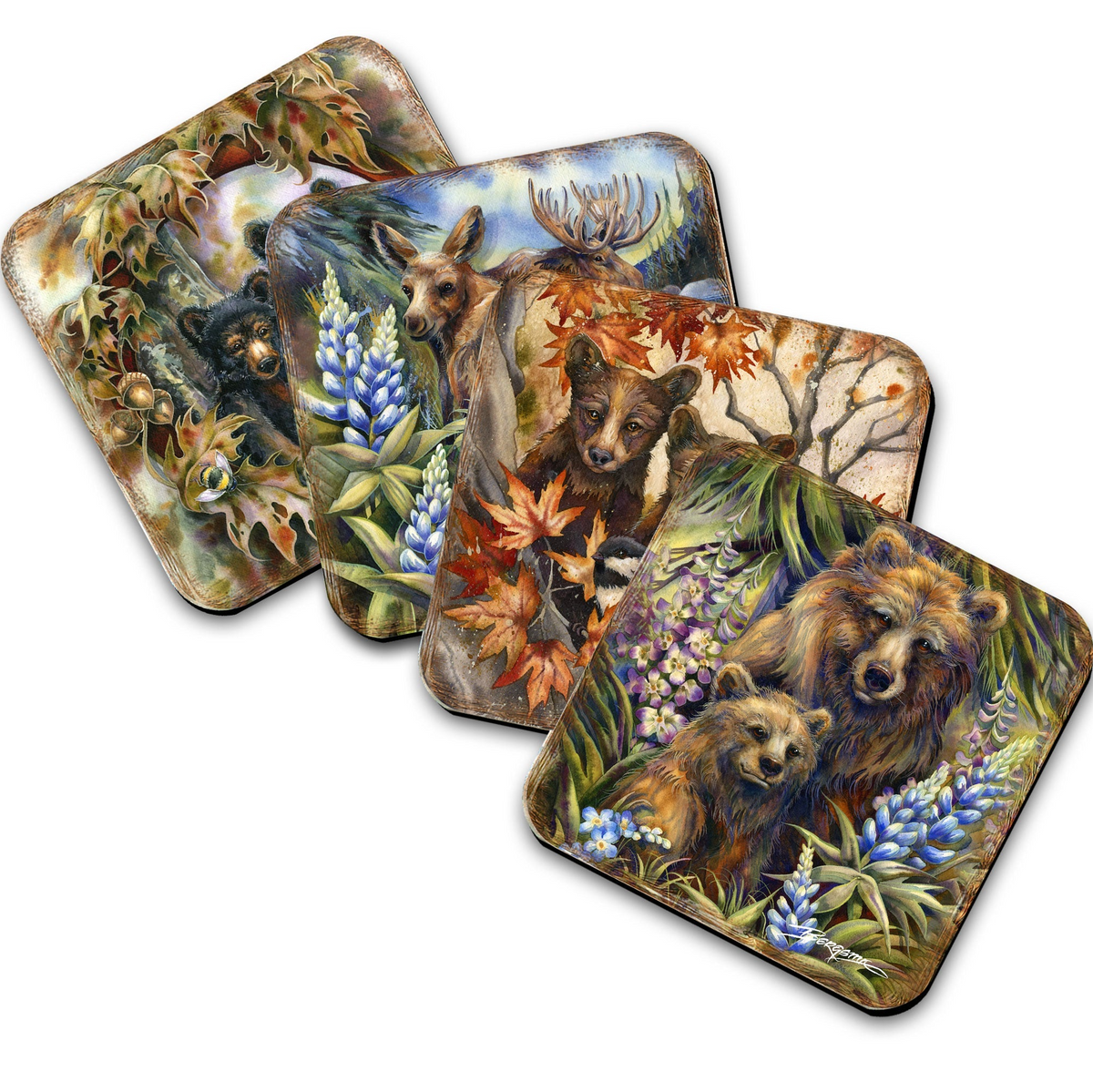 Forest Friends Wooden Cork Coasters Gift Set of 4 by J. Bergsma - Wildlife Decor  - 8199455C-S4