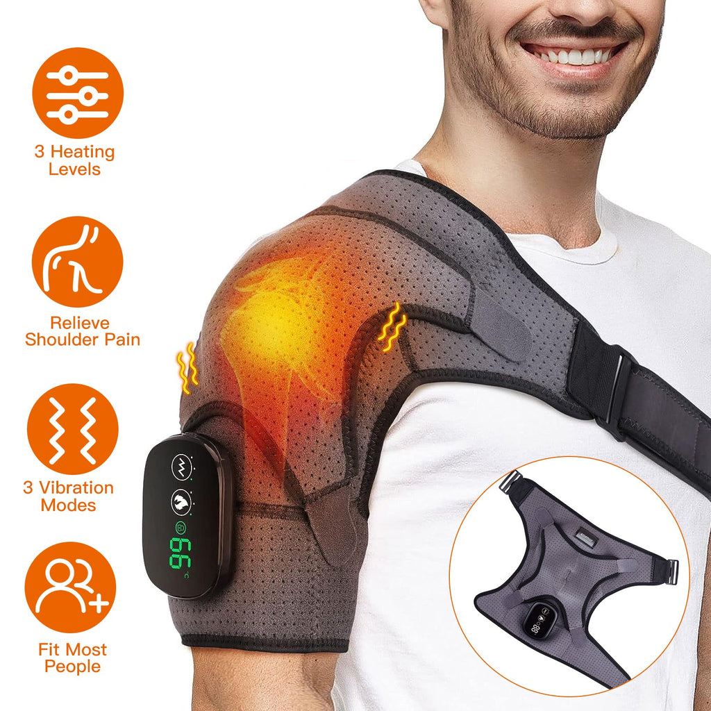 Cordless Shoulder Heating Pad Rechargeable Heated Shoulder Wrap Massager Shoulder Brace Supports with 3 Heating Levels 3 Vibration Modes for Left Righ
