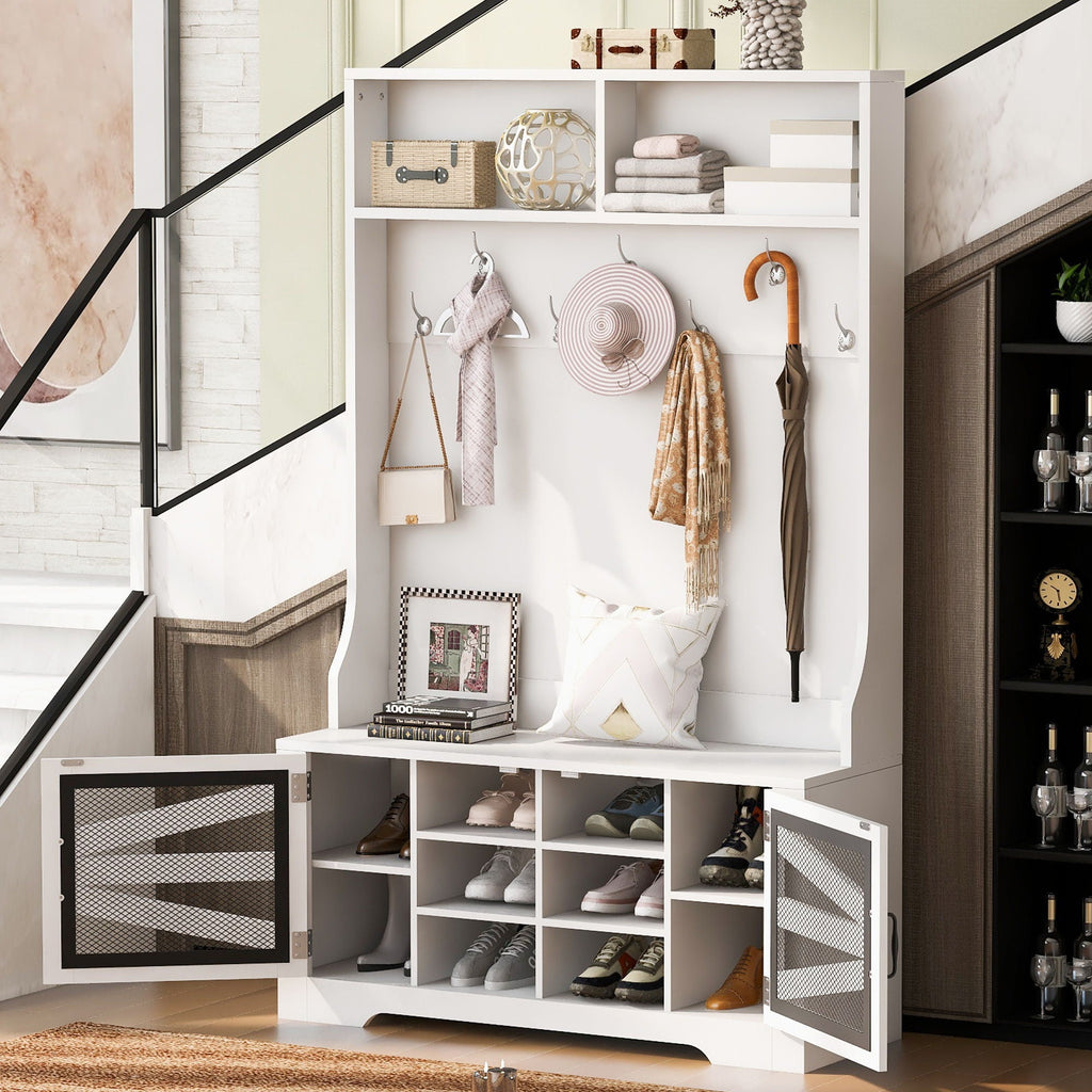 Entryway Bench With Coat Rack, 3 In 1 Design And Adjustable Shelves