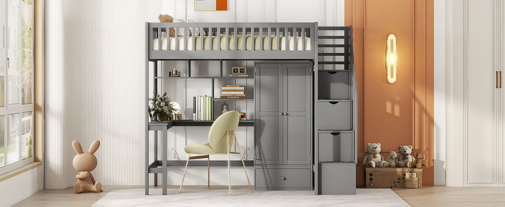 Loft Bed With Bookshelf, Drawers, Desk, And Wardrobe