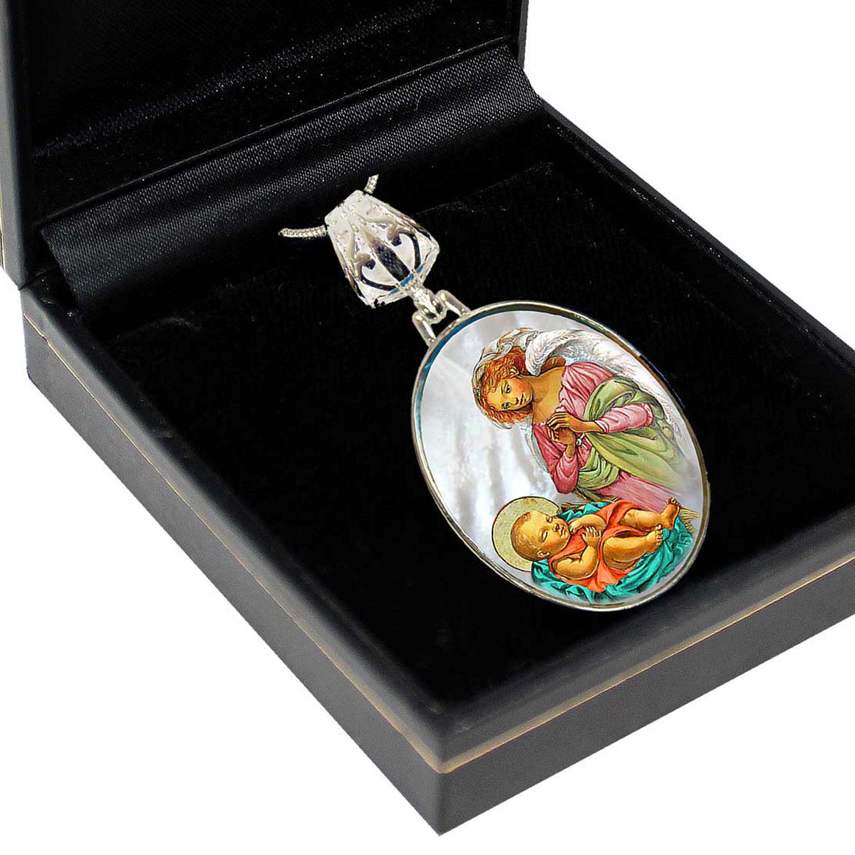Blessing Angel with Child Silver Plated Mother of Pearl Silver Necklace - 43028
