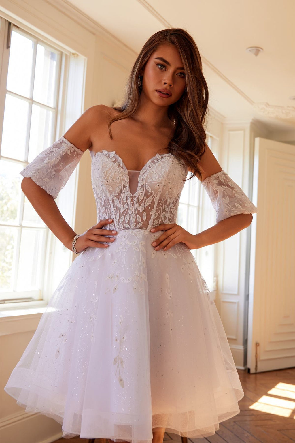 Juliet 909 Short A-Line Glitter Print Dress Removable Short Puff Sleeves