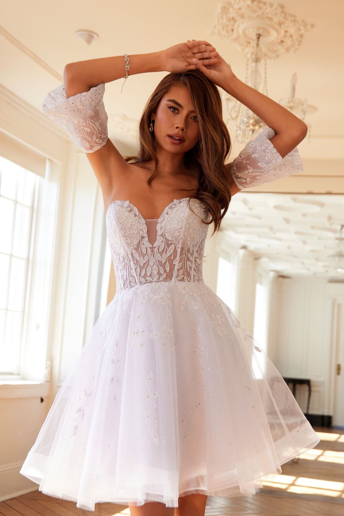 Juliet 909 Short A-Line Glitter Print Dress Removable Short Puff Sleeves