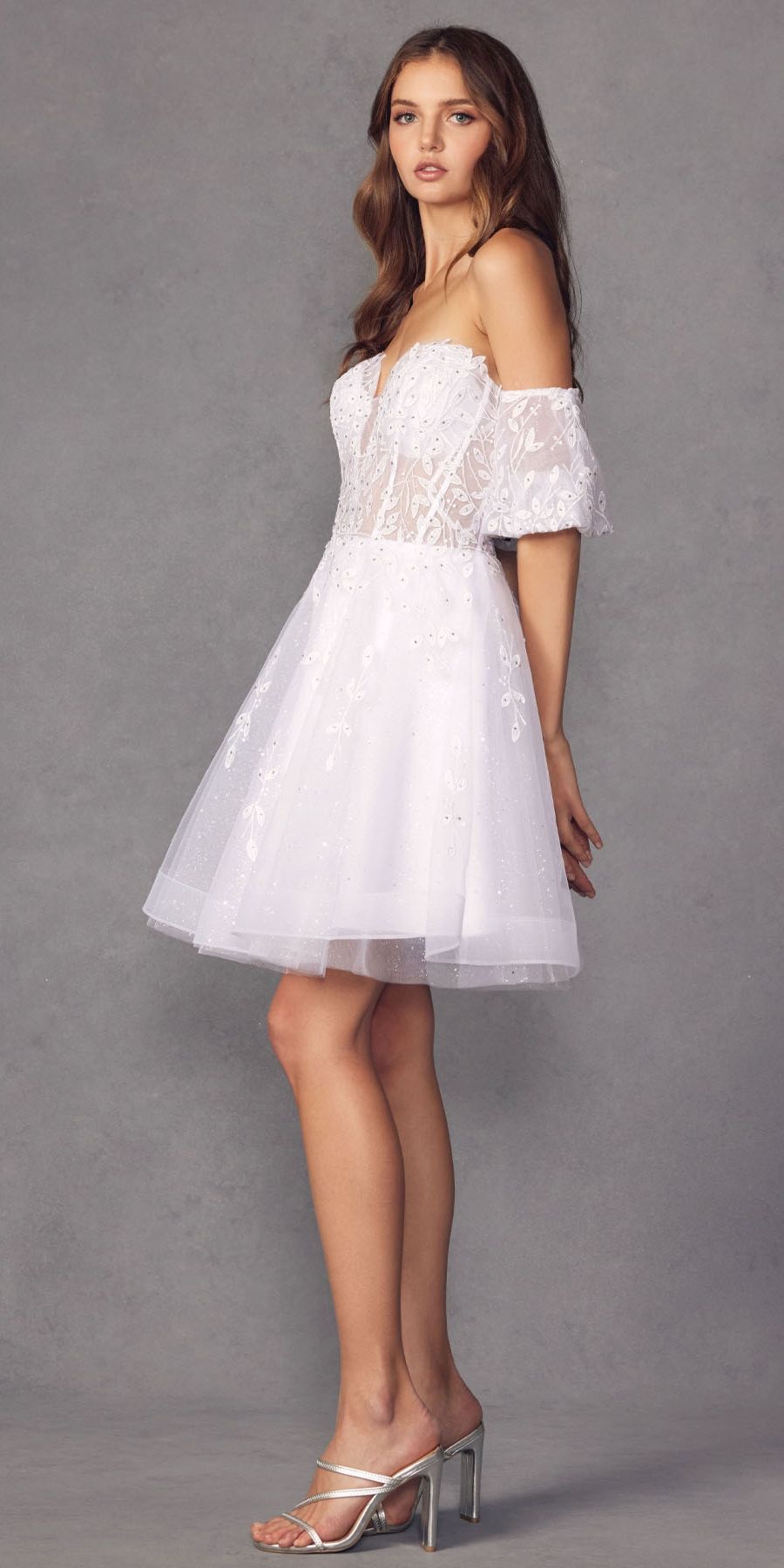 Juliet 909 Short A-Line Glitter Print Dress Removable Short Puff Sleeves