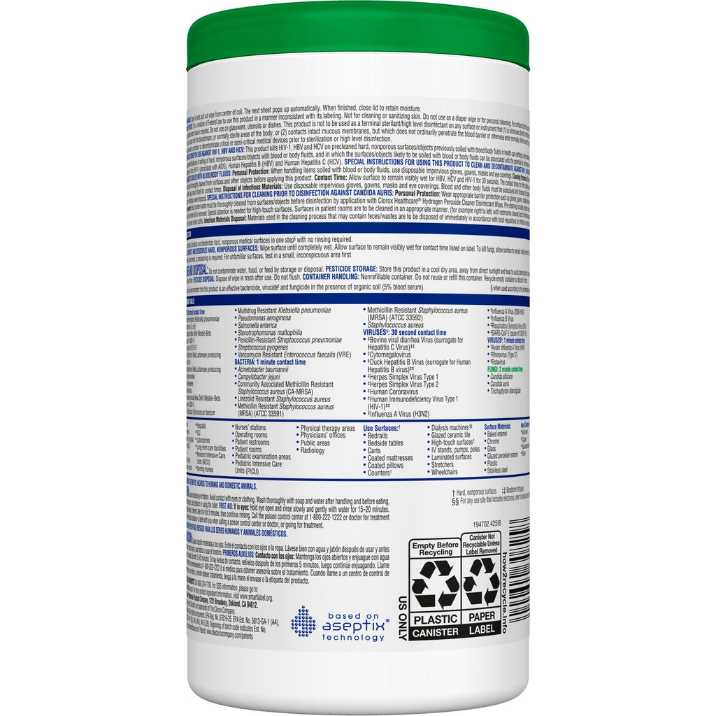 Clorox Healthcare® Hydrogen Peroxide Cleaner Disinfectant Wipes 6.75 x 5.75 Inch 30825
