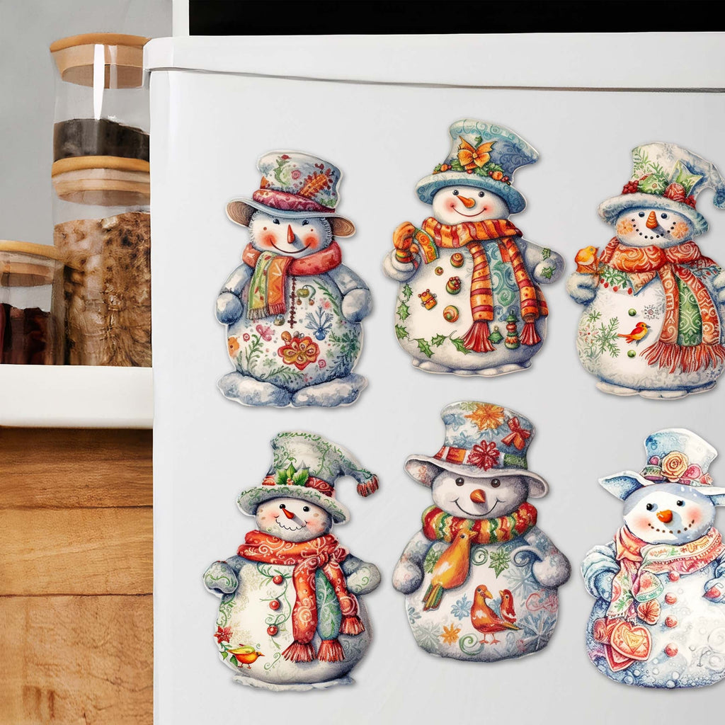 Snowman Decorative Eco Wood Magnets Set of 6 by G. Debrekht - Christmas Santa Snowman Decor - 8090023G-S6
