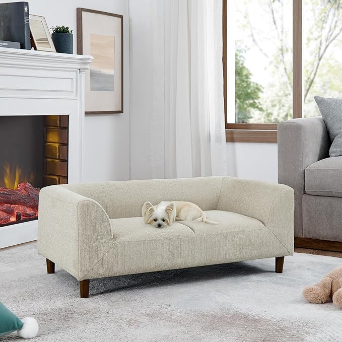 Dog Sofa Couch for Medium to Large Dogs, Memory Foam Dog Sofa Bed, Modern Elevated Pet Couch Bed with Wooden Legs for Medium and Large Dogs, Dark Beige