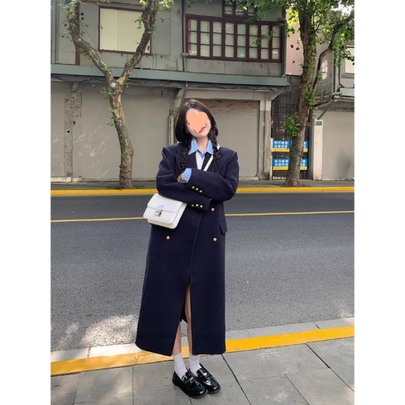 Navy Blue Womens Structured Wool Coat With A Refined Shoulder-Enhancing Design