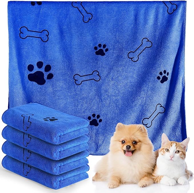 Chumia 4 Pcs Dog Towels for Drying Dog Puppy Bulk Microfiber Absorbent Paw Towel Pet Bathing Supplies Quick Drying for Medium Cats Pets Shower(24 x 40 Inch,Dark Blue)