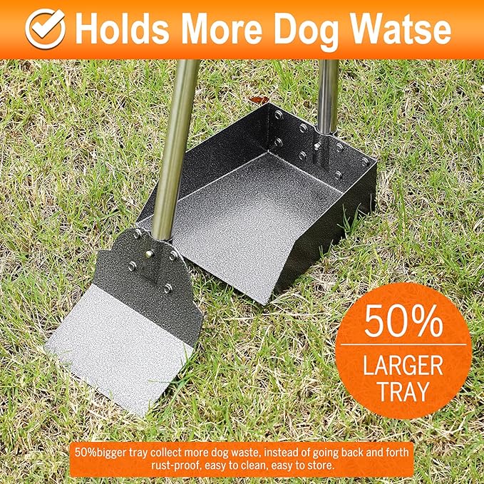 Dog Pooper Scooper, Metal Tray & Spade with 38.2" Long Handle | Large Dog Poop Scooper: 9.5x9x3.1in Tray, 7.7x6in Spade, No-bend Pickup, Yard and Kennel, Tool-free Setup