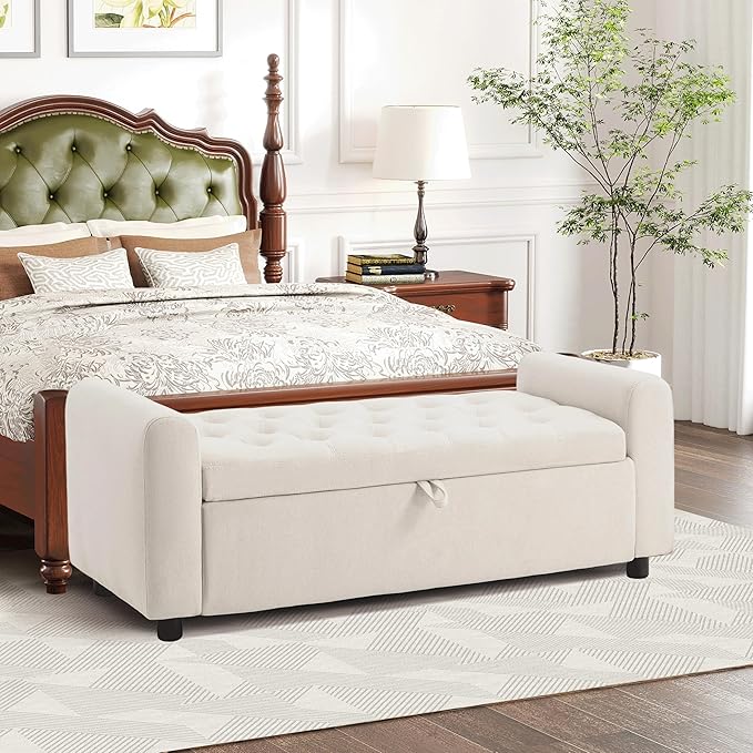 Ottoman with Storage, Tufted Storage Bench for Bedroom, 48" Fabrics End of Bed Bench, Upholstered Entryway Shoe Benches with Rolled Arm & Inner Zipper, Window Ottomans Chest without Rivets, Beige