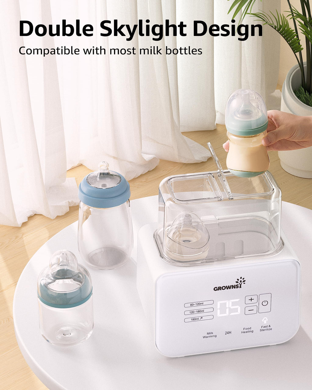 Baby Bottle Warmer, Grownsy 8-in-1 Fast Milk Warmer with Timer Breastmilk or Formula, Fits 2 Bottles, Accurate Temperature Control, with Defrost, Sterili-zing, Keep, Heat Baby Food Jars Function