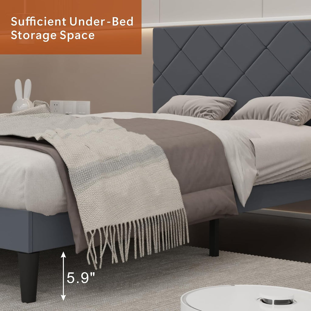 Twin Bed Frames with Adjustable Headboard, Velvet Upholstered Platform Bed, Twin Size Bed Frames with Strong Metal Slat Support,Mattress Foundation, No Box Spring Needed,Easy Assembly Gary