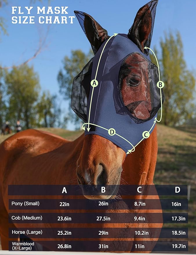 Horse Fly Mask with Ears, UV Protection Mask for Horses, Elasticity Mask with Big Mesh Eye Covers, Snug Fitting Comfortable Breathable Lightweight Navy Full Size