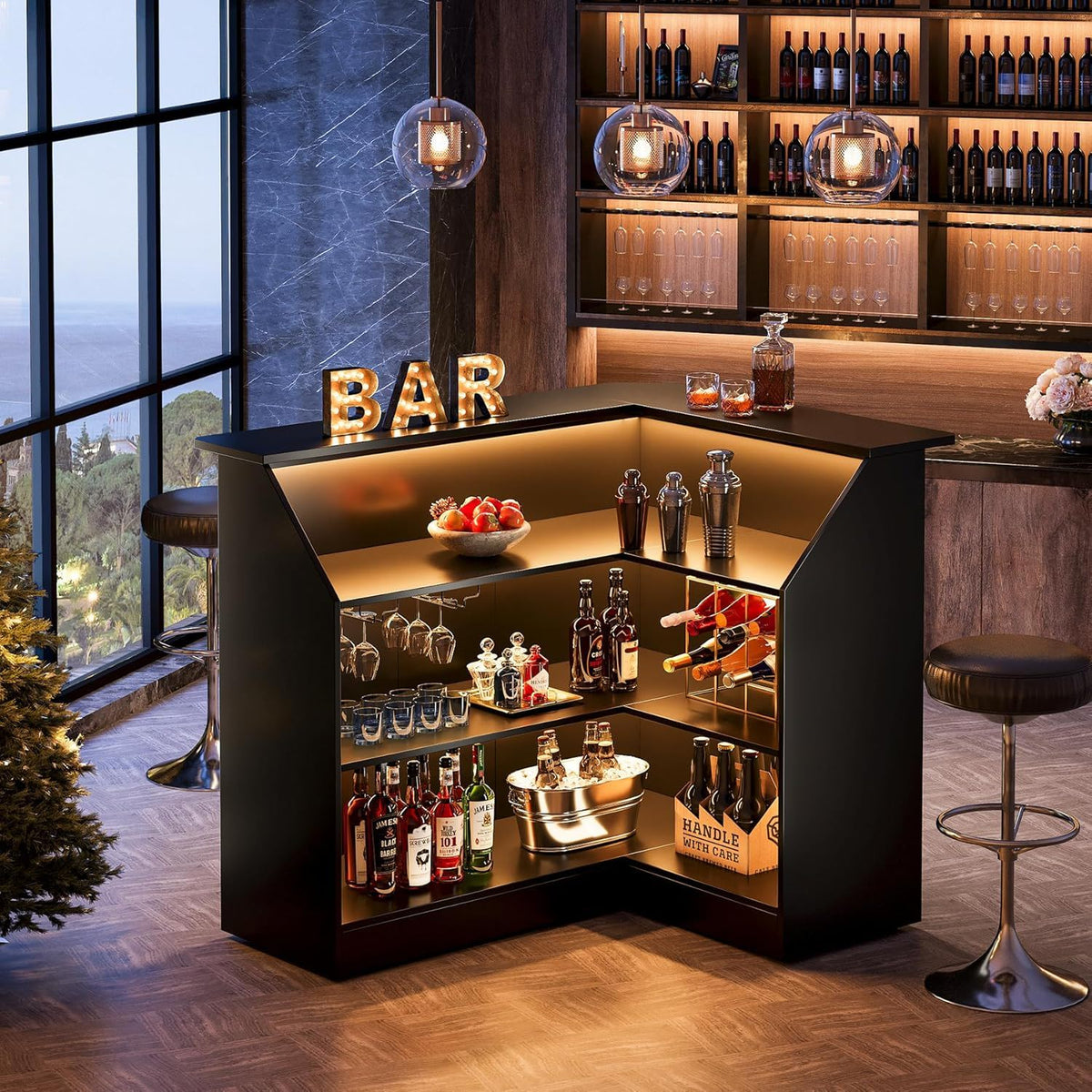 L-Shaped Home Bar Cabinet With Stemware Racks, 4 Tier Corner Unit, Liquor Wine Bar Table & Reception Desk For Home Pub - Black