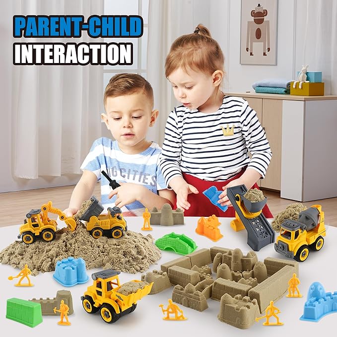 Construction Sandbox with Lid - 4 Vehicles with 1 Conveyor, 8 Castle Molds, 6 Figures & 3lbs Moldable Sand - Preschool Sensory Bin for Fine Motor Skills, Ages 3-6