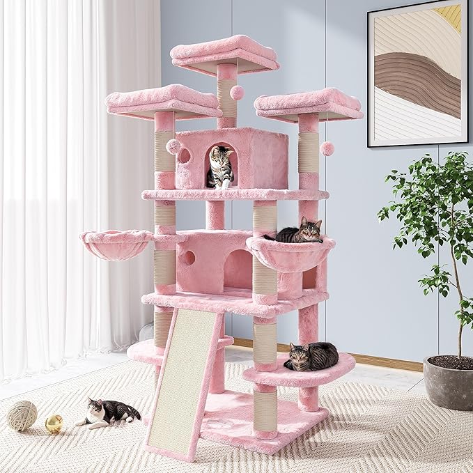 Allewie 68 Inches Cat Tree/House and Towers for Big Feline/Scratching Post/Multi-Level Large Kitty Climbing Tree with Condo/Pink