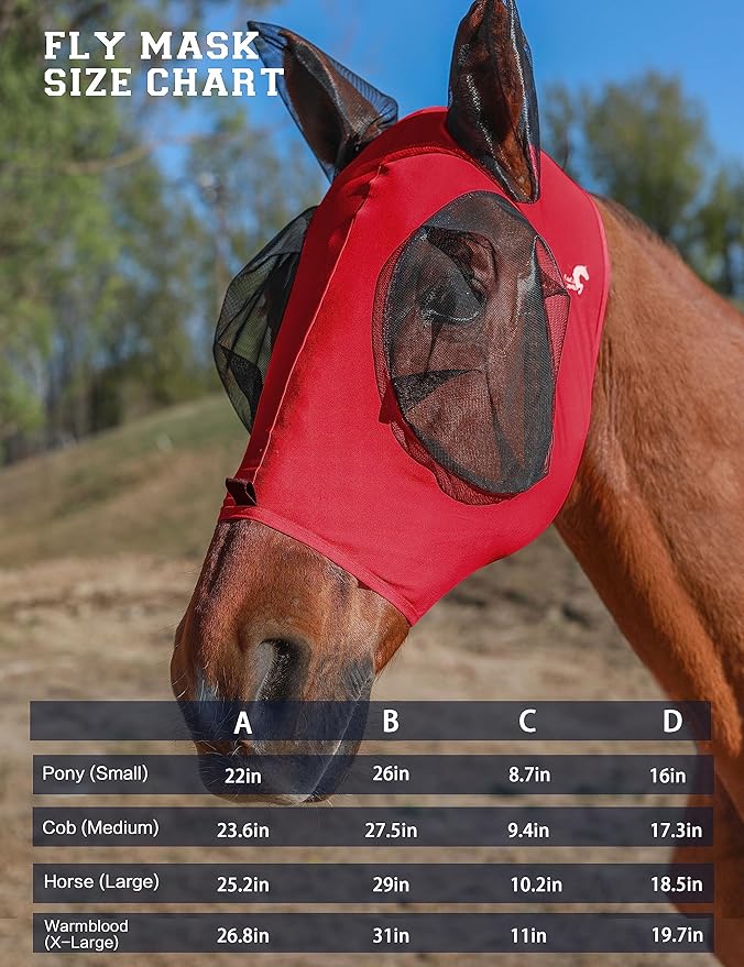 Horse Fly Mask with Ears, UV Protection Mask for Horses, Elasticity Mask with Big Mesh Eye Covers, Snug Fitting Comfortable Breathable Lightweight Rose Red Cob