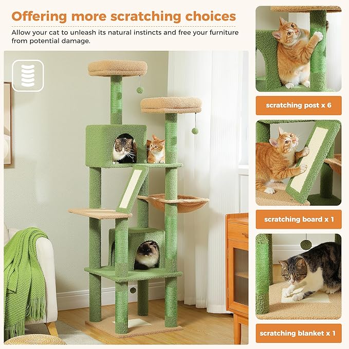 PAWZ Road 70 Inch Cat Tower, Cactus Cat Tree with 2 Cozy Condos, 2 Plush Perch, Large Basket, 2 Scraching Pad & 6 Scraching Posts for Indoor Cats Large Adult